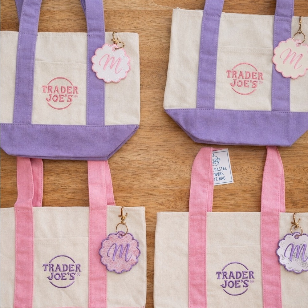 Trader Joe's Canvas Tote Bags in Purple and Pink with personalized key chain